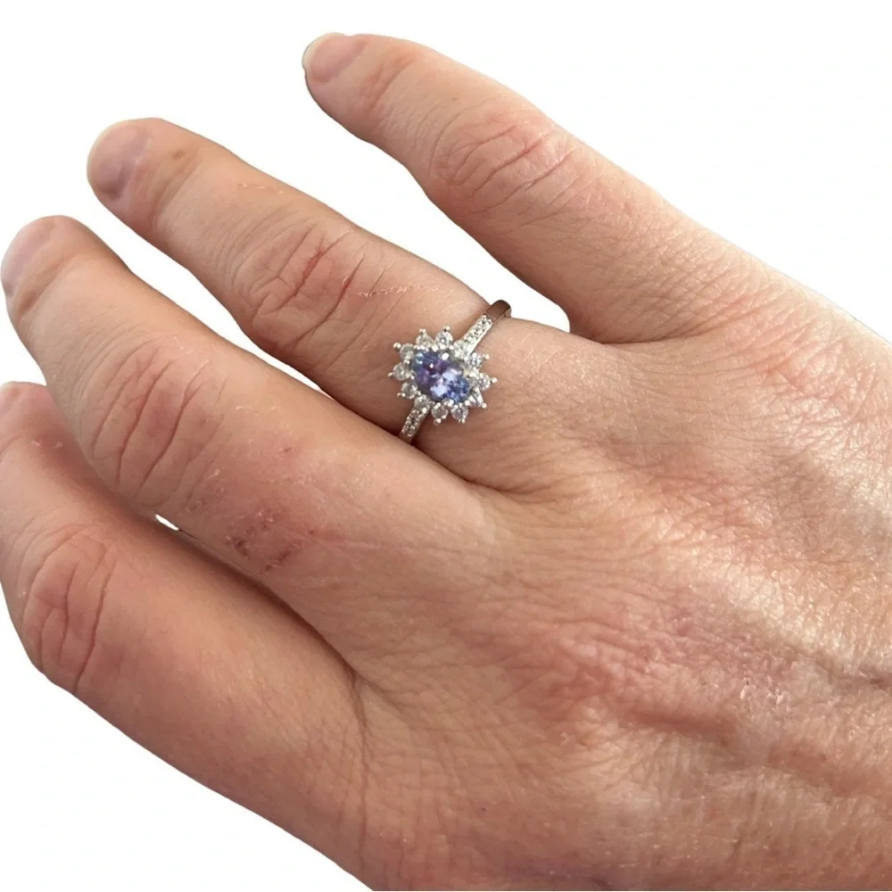 Tanzanite & White Zircon Sunburst Ring Platinum Over Sterling Silver 1.00 CTW